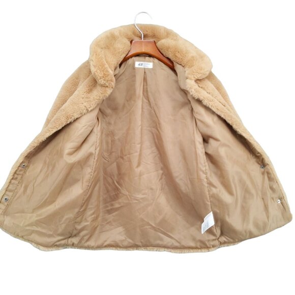 HM Faux Fur Teddy Coat Womens Beige Snap Front Collared Long Sleeve Jacket Sz 10 - Picture 3 of 9